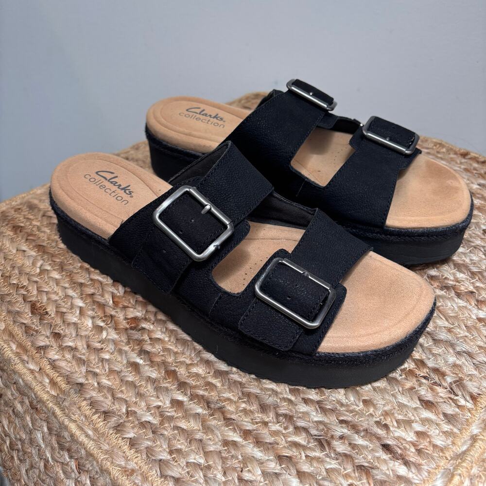 Clarks Collection Lana Beach Black Leather Platform Slide Sandals - Size 9.5